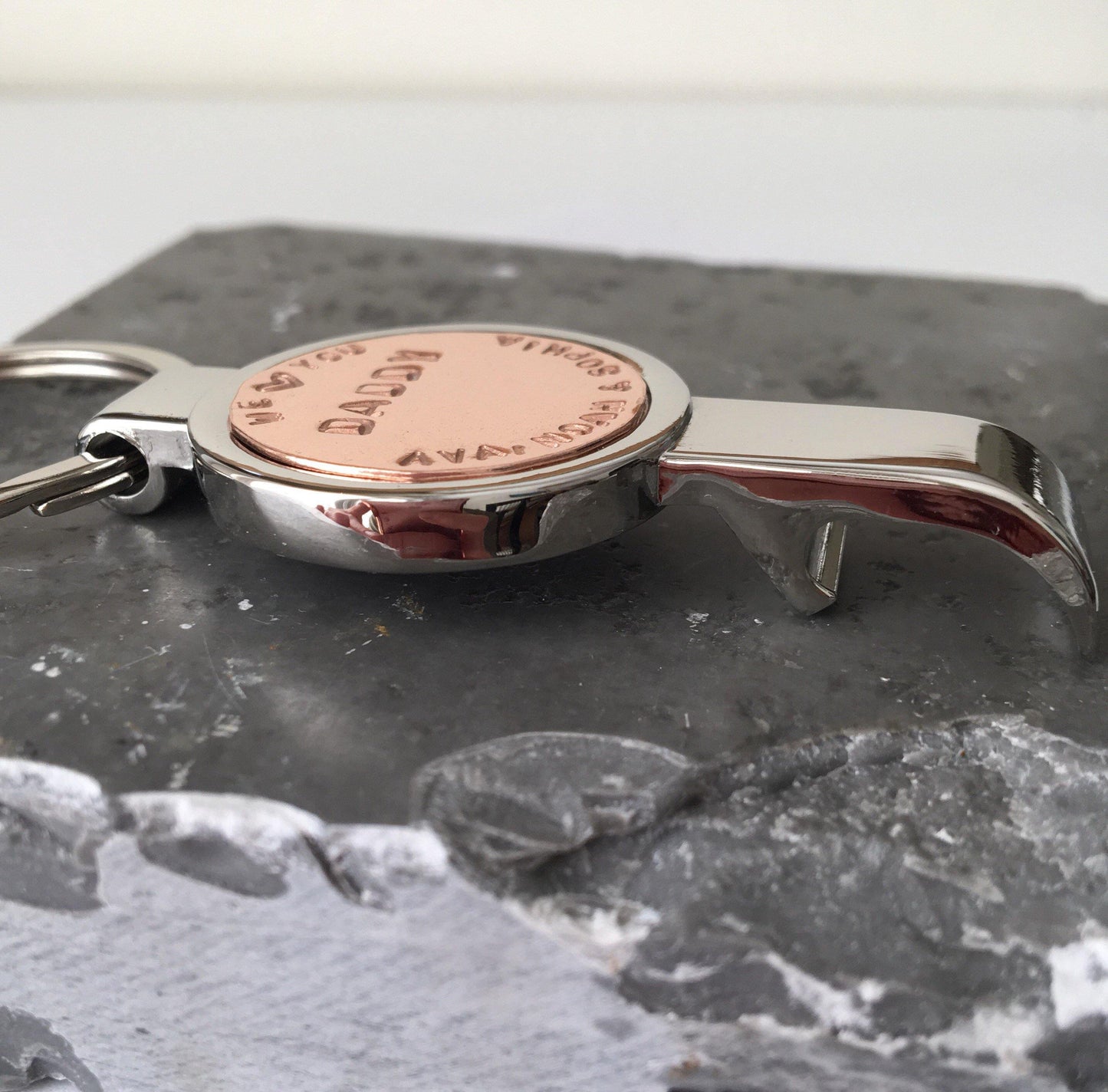 Personalised Bottle Opener Keyring. Copper & Stainless Steel, Gift for Him, Birthday, Christmas or anniversary present. - The Little Stamping Co.