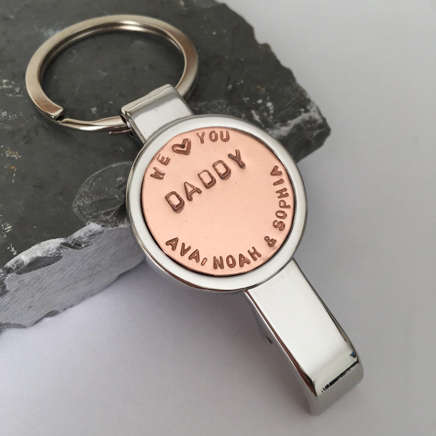 Personalised Bottle Opener Keyring. Copper & Stainless Steel, Gift for Him, Birthday, Christmas or anniversary present. - The Little Stamping Co.