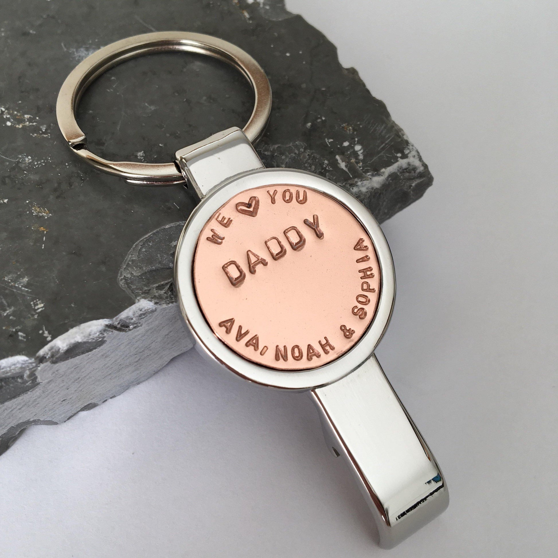 Personalised Bottle Opener Keyring. Copper & Stainless Steel, Gift for Him, Birthday, Christmas or anniversary present. - The Little Stamping Co.