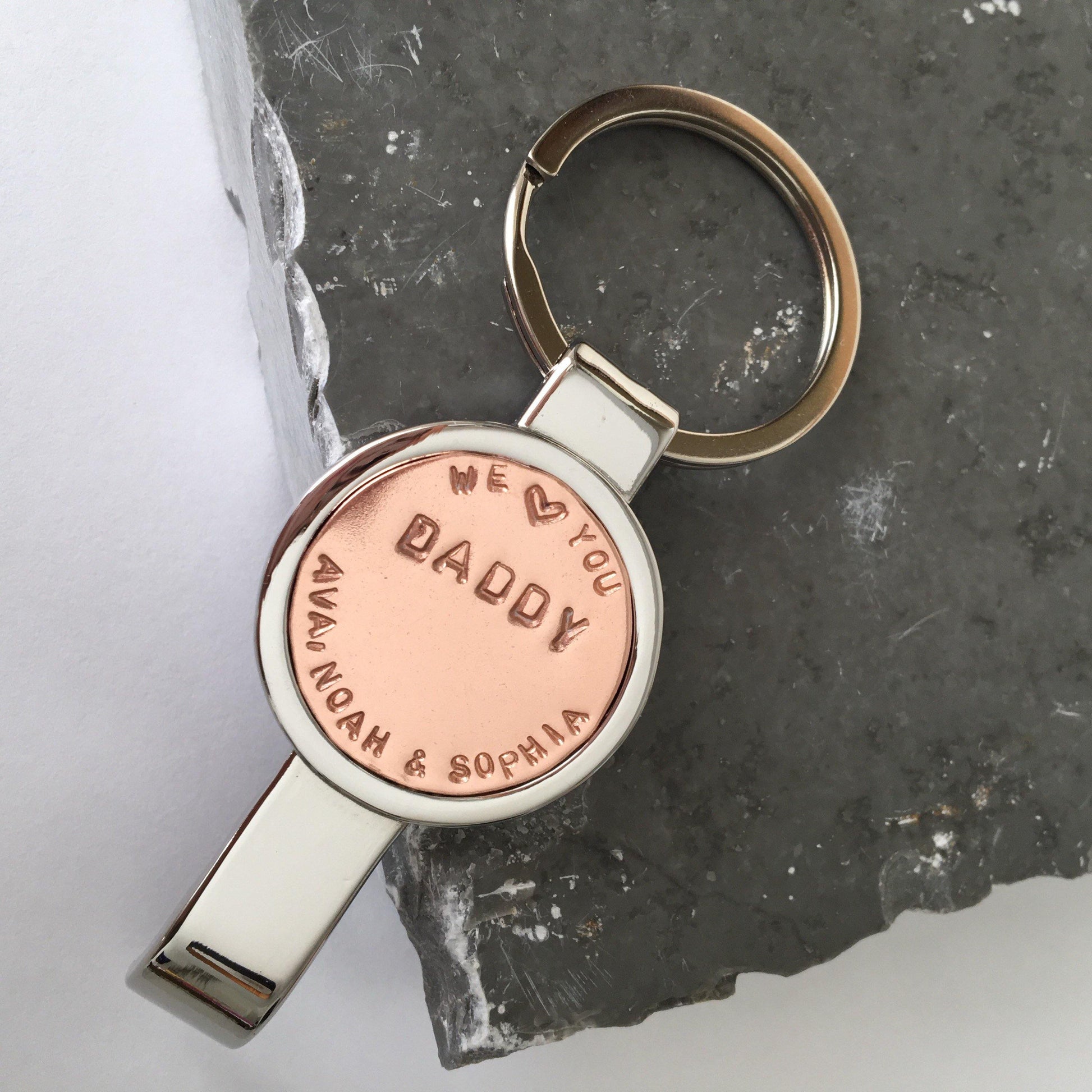 Personalised Bottle Opener Keyring. Copper & Stainless Steel, Gift for Him, Birthday, Christmas or anniversary present. - The Little Stamping Co.