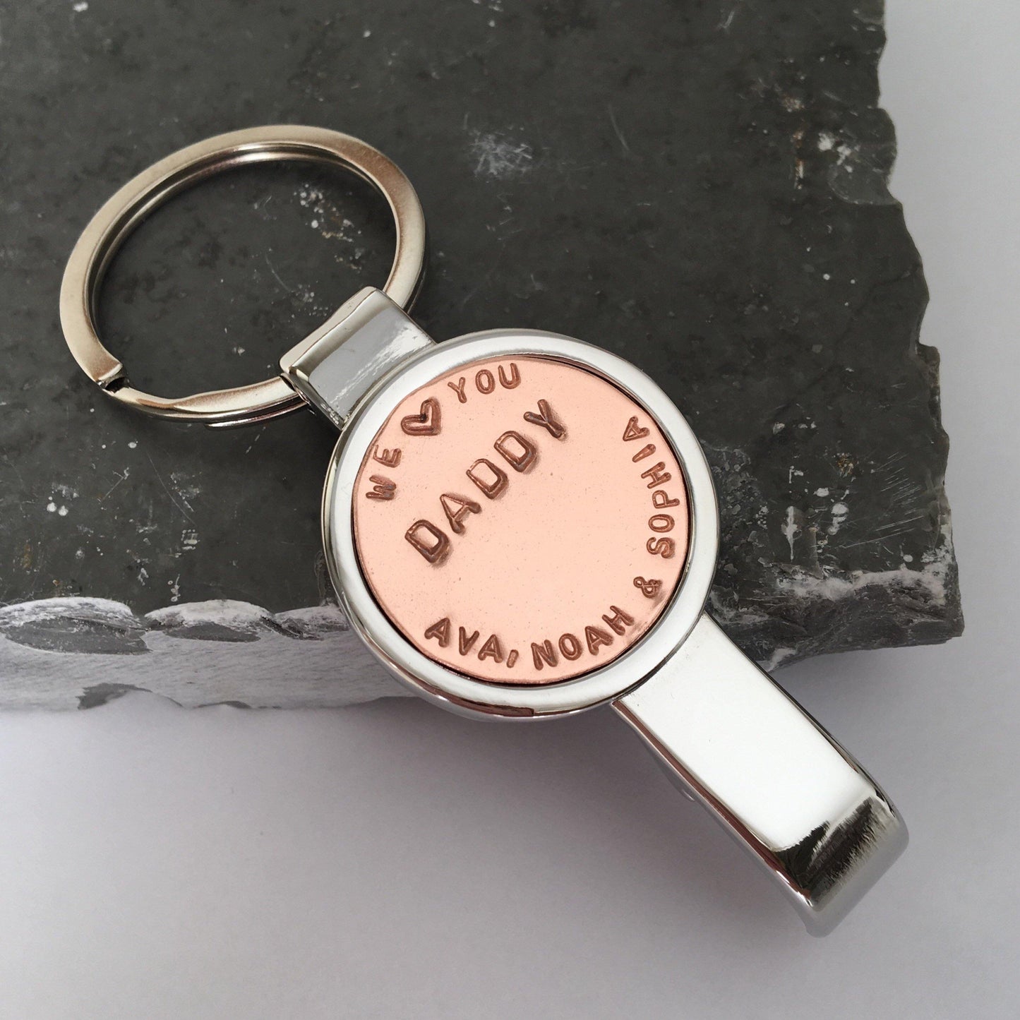 Personalised Bottle Opener Keyring. Copper & Stainless Steel, Gift for Him, Birthday, Christmas or anniversary present. - The Little Stamping Co.