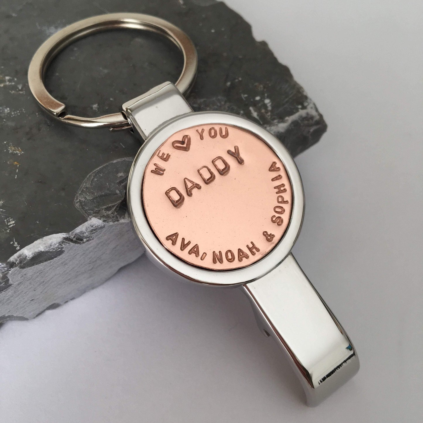 Personalised Bottle Opener Keyring. Copper & Stainless Steel, Gift for Him, Birthday, Christmas or anniversary present. - The Little Stamping Co.