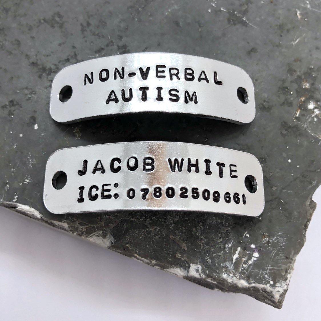 Autism Awareness Trainer Tags, Personalised Shoe Tags, Medical Alert, Supplied in Pairs - The Little Stamping Co.