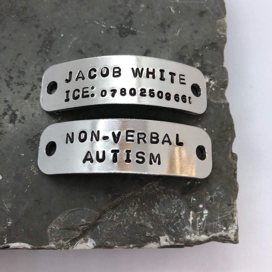 Autism Awareness Trainer Tags, Personalised Shoe Tags, Medical Alert, Supplied in Pairs - The Little Stamping Co.