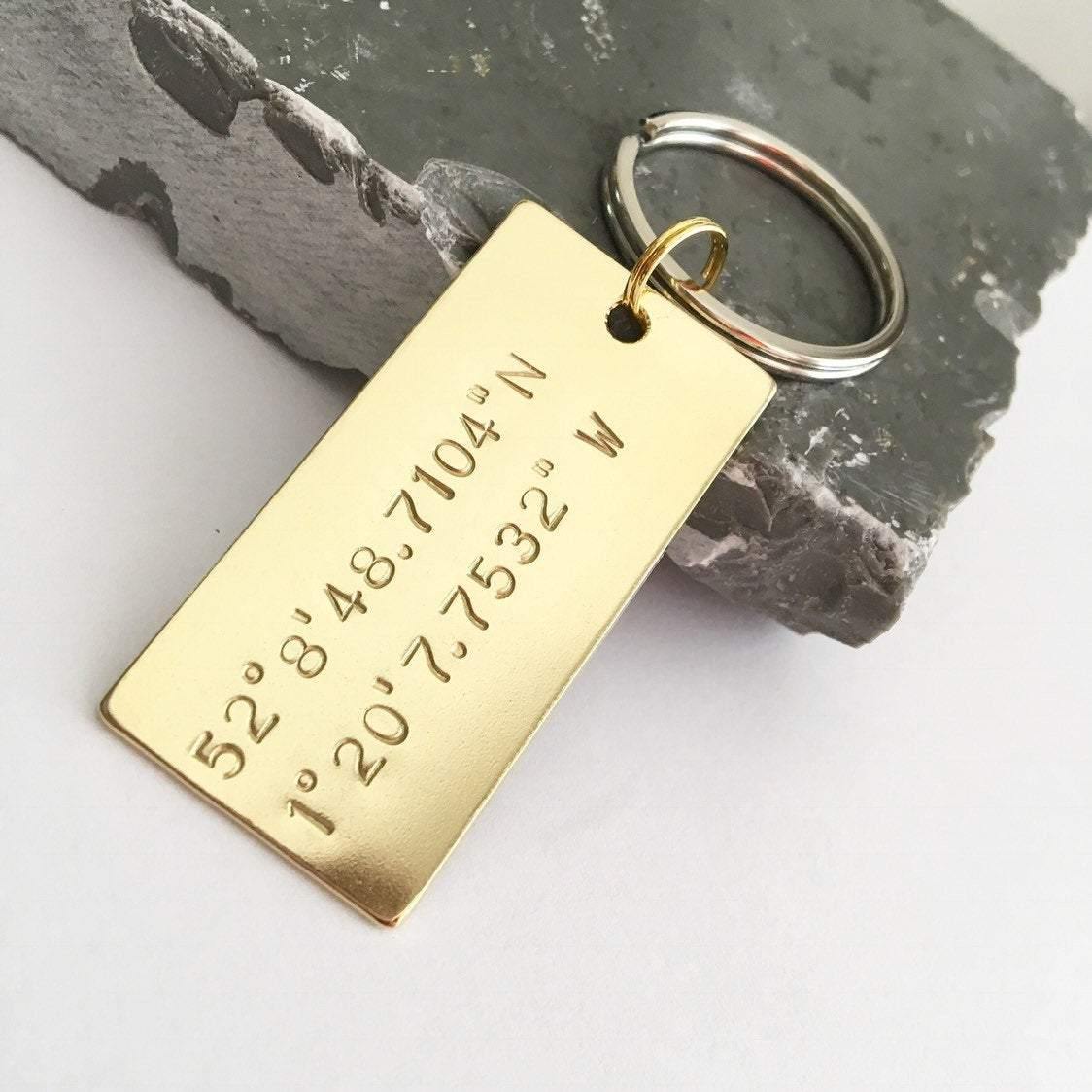 Brass Coordinates Keyring, Personalised Gift, Hand Stamped, Custom Keychain - The Little Stamping Co.