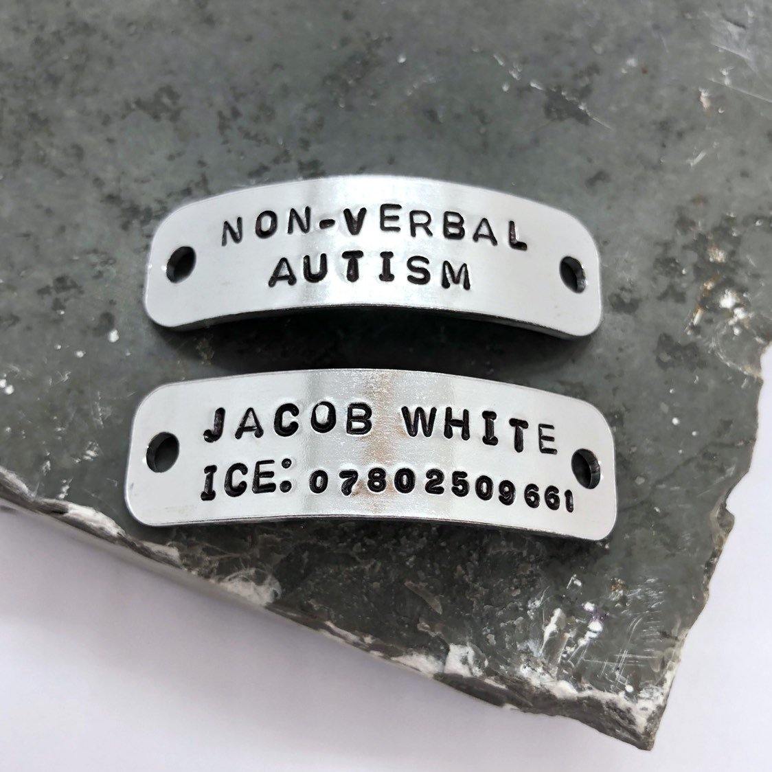 Autism Awareness Trainer Tags, Personalised Shoe Tags, Medical Alert, Supplied in Pairs - The Little Stamping Co.