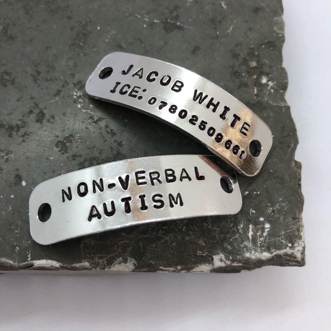 Autism Awareness Trainer Tags, Personalised Shoe Tags, Medical Alert, Supplied in Pairs - The Little Stamping Co.