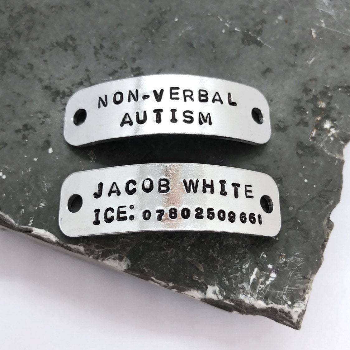 Autism Awareness Trainer Tags, Personalised Shoe Tags, Medical Alert, Supplied in Pairs - The Little Stamping Co.